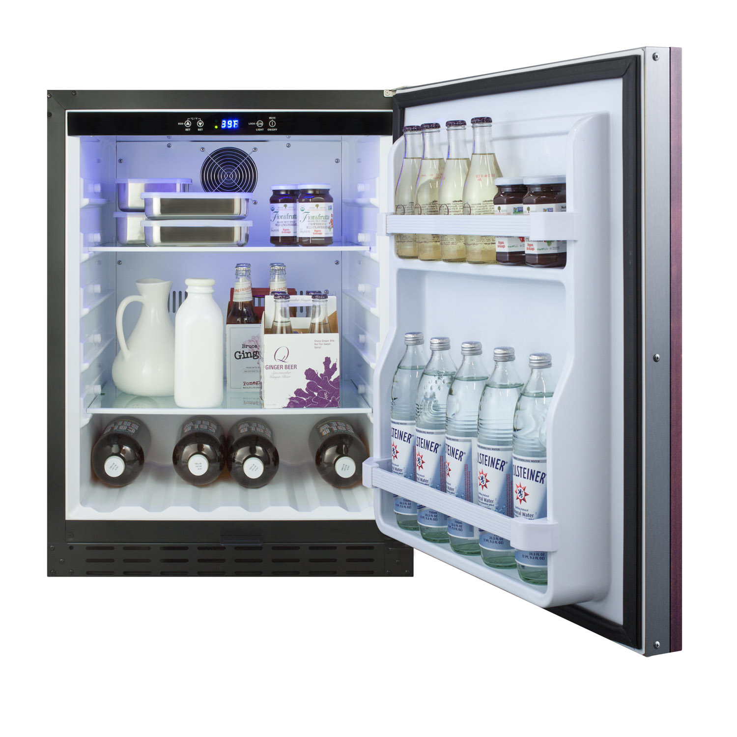 Built-in undercounter ADA compliant all-refrigerator with a panel ready door, black cabinet, door storage, lock, and digital controls